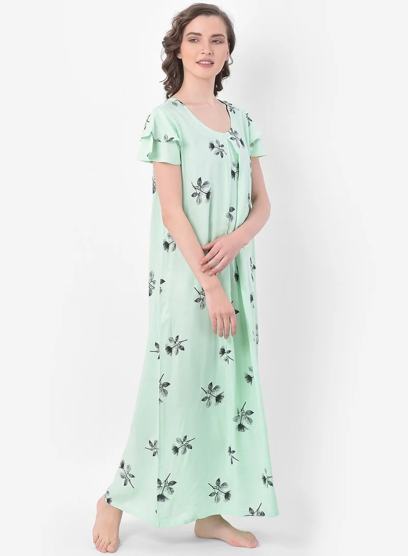 Clovia  Clovia Leaf Print Long Nighty in Light Green - Rayon for Women | Best Price UAE