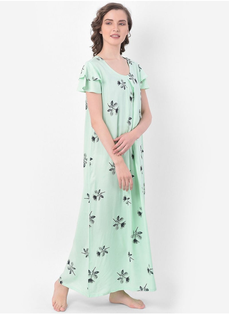 Clovia - Clovia Leaf Print Long Nighty in Light Green - Rayon - Image 1