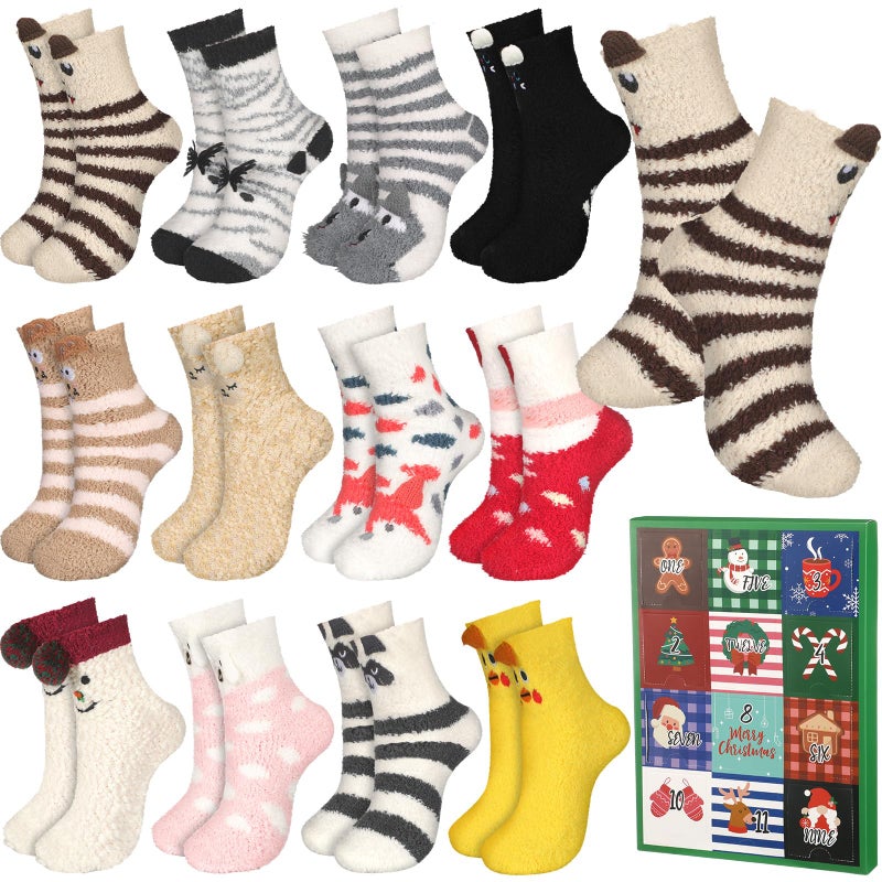 Shyyween 12 Pairs Christmas Fuzzy Socks Advent Calendar 2026 Cute Animal Socks Set Funny 12 Days Countdown Advent Calendar Gift Colorful Fluffy Warm Supply for Xmas Party Favor Holiday Gift - Image 2