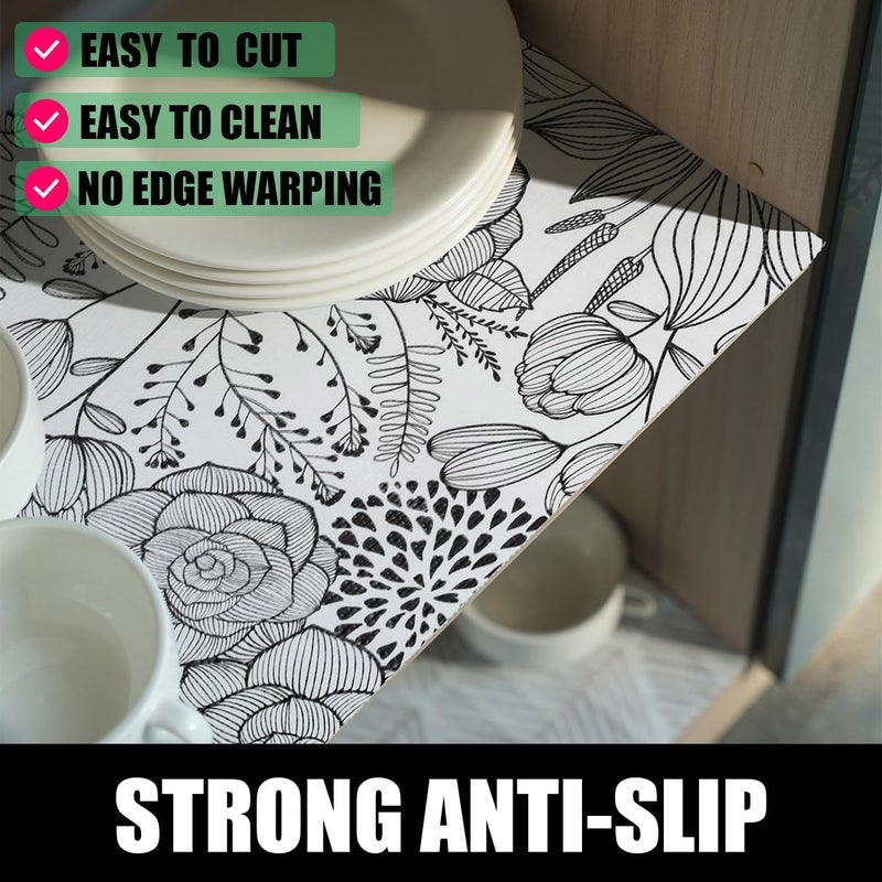Amiitay Floral Drawer and Shelf Liner for Kitchen 16IN x 20FT, Non-Adhesive and Strong Non-Slip Cabinet Drawer Liners, Waterproof Thickened Shelf Liner,Easy to Clean,Black and White - Image 2