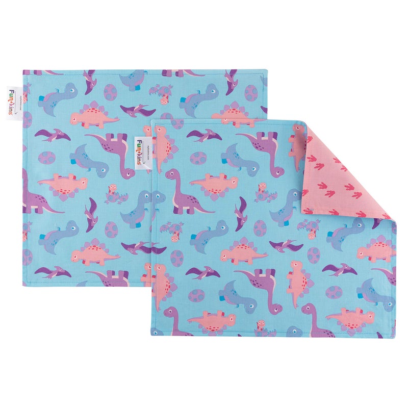 Funkins Reusable Cloth Placemats for Kids Lunch Boxes Reusable EcoFriendly 15x13 2ply Thick Absorbent Machine Washable Set of 2 Placemats Pink Dinosours