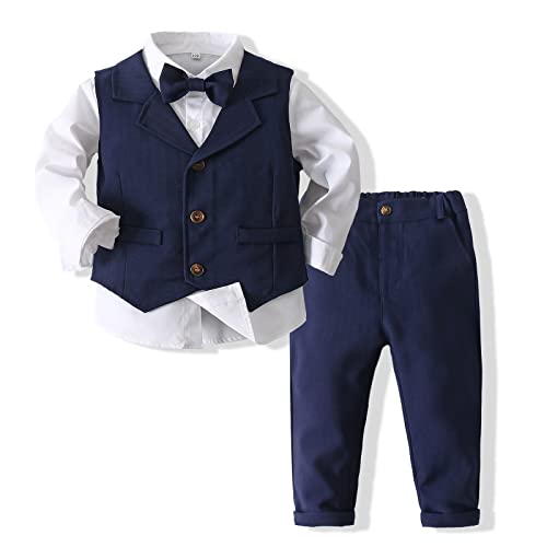 Kimocat Baby Boys Gentleman Bowtie Formal Outfit Suits Tuxedo Vest Wedding Party Suit Navy Blue - Image 1
