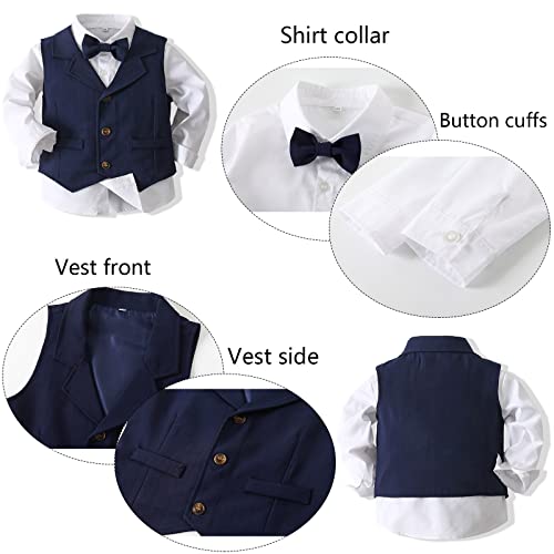 Kimocat Baby Boys Gentleman Bowtie Formal Outfit Suits Tuxedo Vest Wedding Party Suit Navy Blue - Image 3