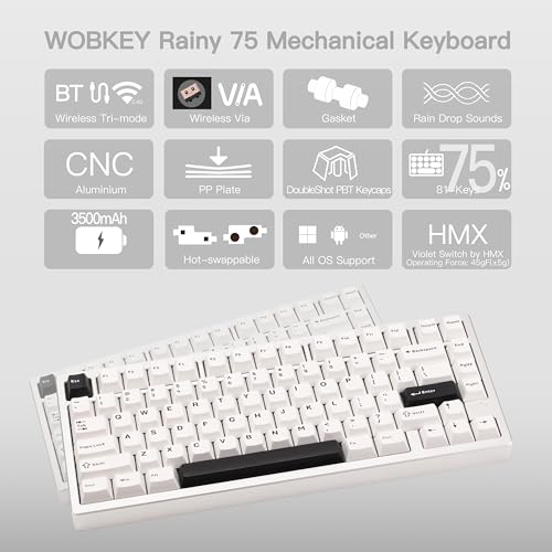 KEEBMONKEY WOBKEY Rainy 75 CNC Aluminum HMX/JWK/Cocoa Switches Triple-Mode Connectivity Mechanical Keyboard with Superior Acoustics, No RGB/PP/Mirrored Glass/3500mAh/Violet Switch (Lite - Silver) - Image 2