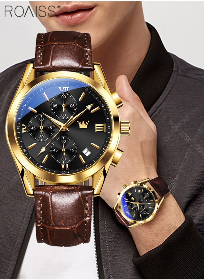 roaiss - Men's Leather Strap Chronograph Quartz Watch Round Black Dial with Gold Bezel Waterproof Luminous Wristwatch as Gift for Men - Image 1