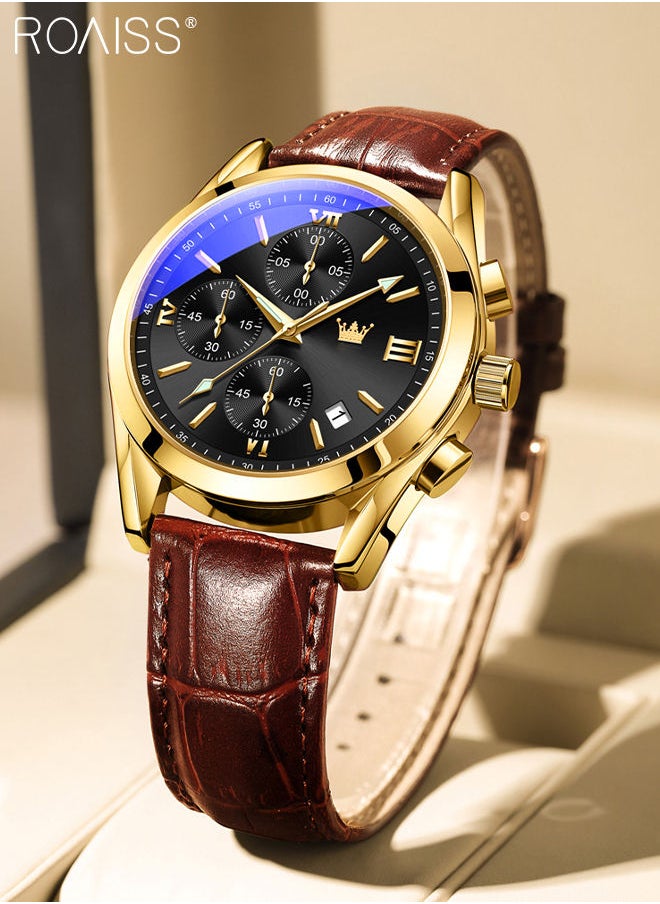 roaiss - Men's Leather Strap Chronograph Quartz Watch Round Black Dial with Gold Bezel Waterproof Luminous Wristwatch as Gift for Men - Image 1