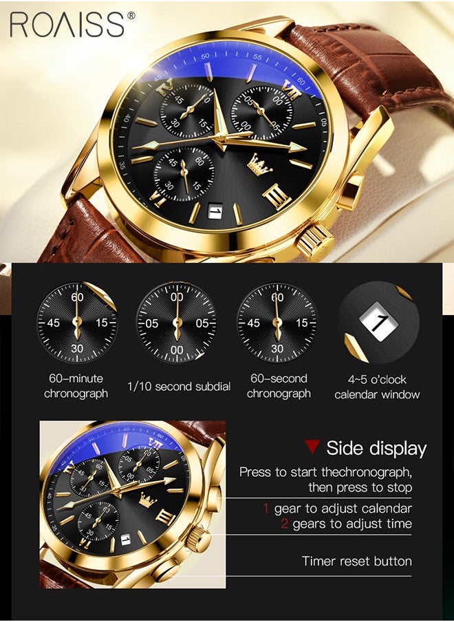 roaiss - Men's Leather Strap Chronograph Quartz Watch Round Black Dial with Gold Bezel Waterproof Luminous Wristwatch as Gift for Men - Image 1