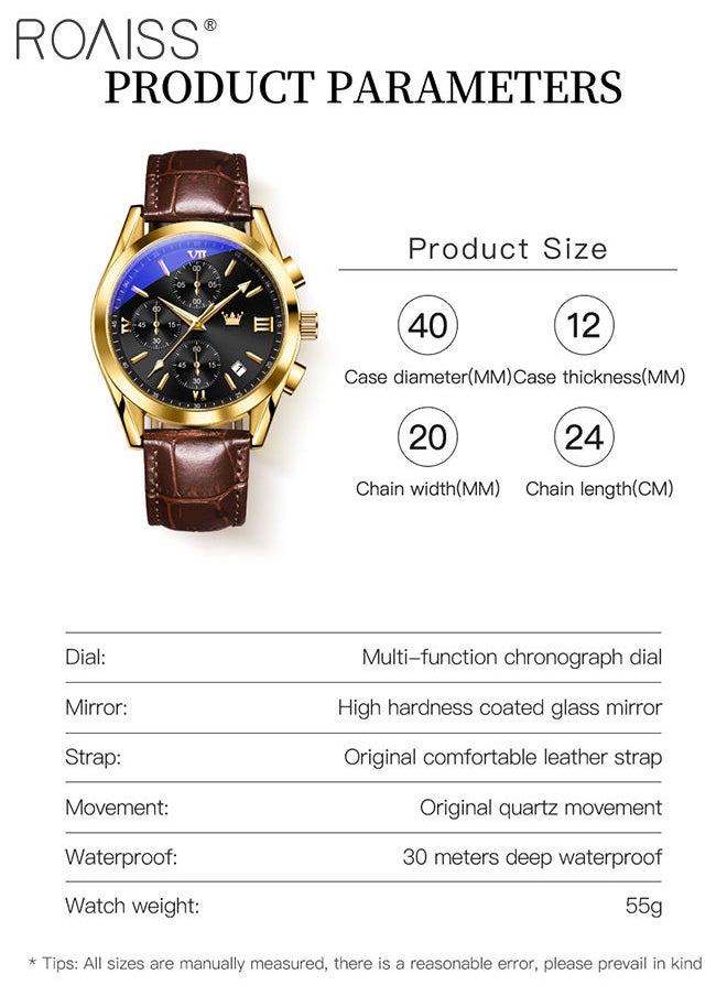 roaiss - Men's Leather Strap Chronograph Quartz Watch Round Black Dial with Gold Bezel Waterproof Luminous Wristwatch as Gift for Men - Image 1