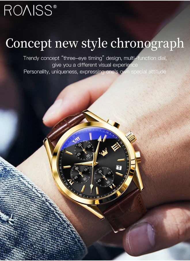 roaiss - Men's Leather Strap Chronograph Quartz Watch Round Black Dial with Gold Bezel Waterproof Luminous Wristwatch as Gift for Men - Image 1