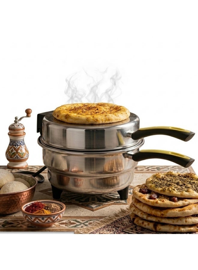 أمم صانع خبز كهربائي صغير 28 سم – تسخين سريع 1000 واط، لوحة ألمنيوم غير لاصقة | مثالي للخبز العربي، البيتزا الصغيرة والخبز المنزلي - Image 2