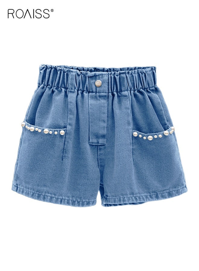 رويس شورت جينز صيفي للبنات مزين باللآلئ والجيوب المزخرفة، بنطلون قصير بخصر مرن مستقيم الساق، شورت جينز أنيق متعدد الاستخدامات للبنات، مناسب للارتداء اليومي والمناسبات الأخرى - Image 1