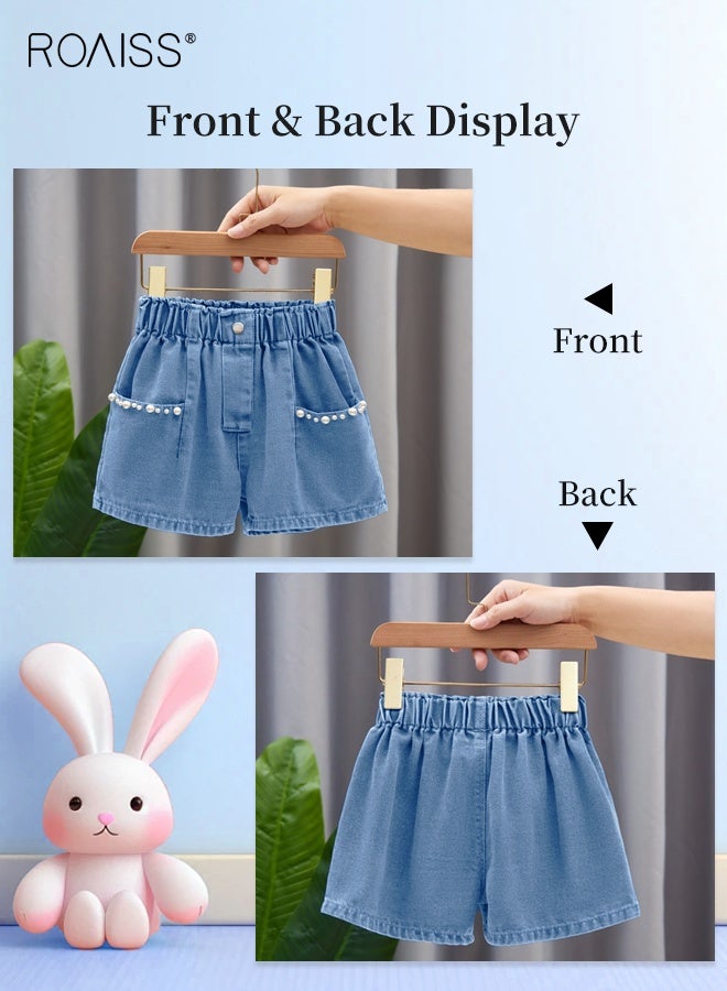 رويس شورت جينز صيفي للبنات مزين باللآلئ والجيوب المزخرفة، بنطلون قصير بخصر مرن مستقيم الساق، شورت جينز أنيق متعدد الاستخدامات للبنات، مناسب للارتداء اليومي والمناسبات الأخرى - Image 4