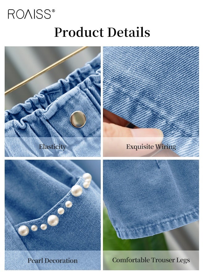 رويس شورت جينز صيفي للبنات مزين باللآلئ والجيوب المزخرفة، بنطلون قصير بخصر مرن مستقيم الساق، شورت جينز أنيق متعدد الاستخدامات للبنات، مناسب للارتداء اليومي والمناسبات الأخرى - Image 2
