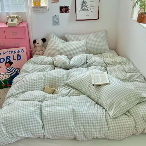 Nayoroom Green Gingham Duvet Cover Queen Size Plaid Dorm Bedding Set 3 Pieces Grid Checkered Duvet Cover with 2 Pillowcases, Soft Breathable Washed Microfiber - Image 5