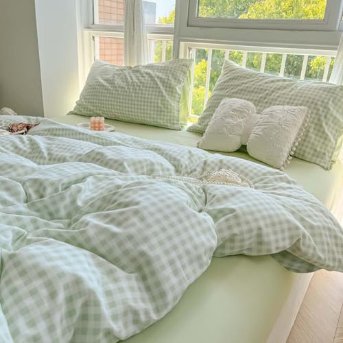 Nayoroom Green Gingham Duvet Cover Queen Size Plaid Dorm Bedding Set 3 Pieces Grid Checkered Duvet Cover with 2 Pillowcases, Soft Breathable Washed Microfiber - Image 1