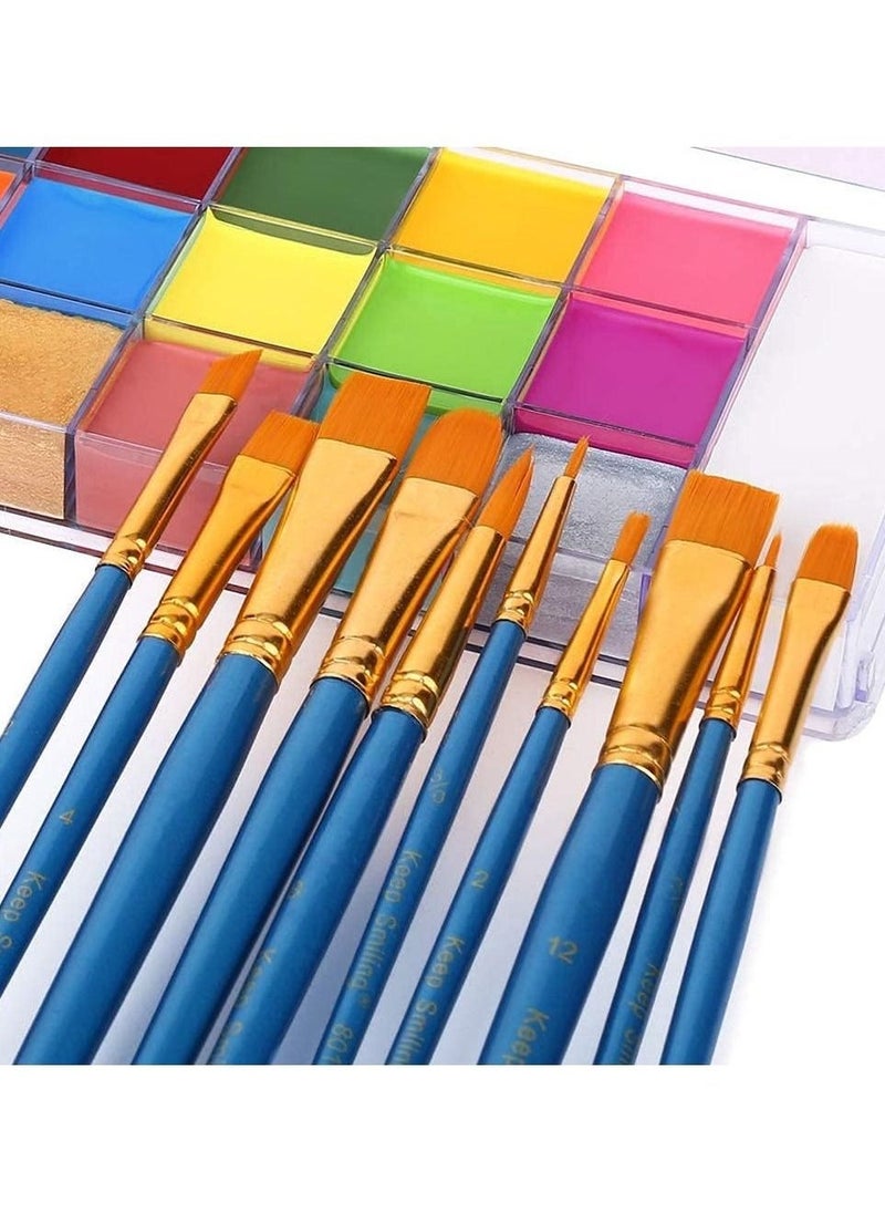 في كي إل مجموعة لوحة مكياج مكونة من 20 لونًا لطلاء الوجه والجسم، مجموعة طلاء الوجه الاحترافية للأطفال والكبار، لوحة ألوان ذات تأثيرات خاصة باللون الأحمر والأسود والأبيض للهالوين مع 10 فرش - Image 3