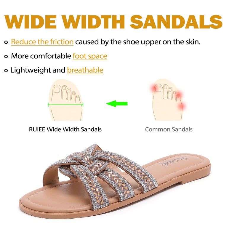 Ruiee Wide Width Sandals for Women, Fashion Slide Sandal Diamond Sparkly Bling Casual Dressy Flat Slides Comfort Bride Wedding Summer Slip on Wide Feet Womens Sandals. 250776 Tan Size8 - Image 4