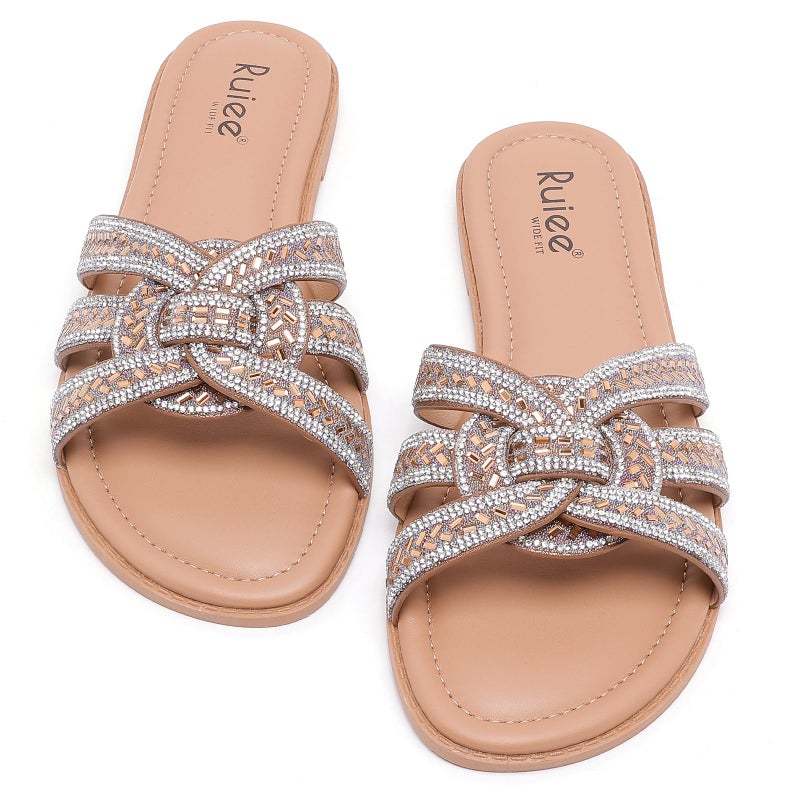 Ruiee Wide Width Sandals for Women, Fashion Slide Sandal Diamond Sparkly Bling Casual Dressy Flat Slides Comfort Bride Wedding Summer Slip on Wide Feet Womens Sandals. 250776 Tan Size8 - Image 5