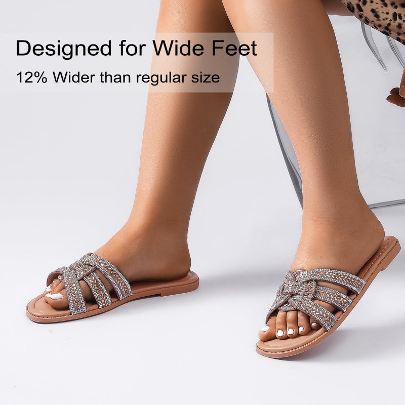 Ruiee Wide Width Sandals for Women, Fashion Slide Sandal Diamond Sparkly Bling Casual Dressy Flat Slides Comfort Bride Wedding Summer Slip on Wide Feet Womens Sandals. 250776 Tan Size8 - Image 3