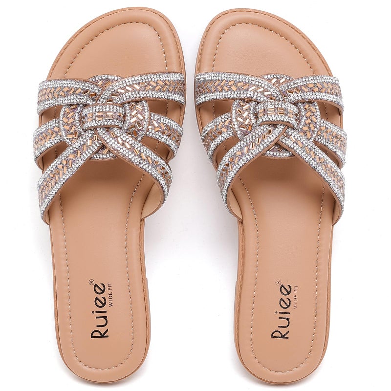 Ruiee Wide Width Sandals for Women, Fashion Slide Sandal Diamond Sparkly Bling Casual Dressy Flat Slides Comfort Bride Wedding Summer Slip on Wide Feet Womens Sandals. 250776 Tan Size8 - Image 1