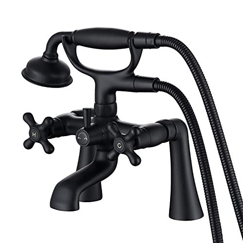 Hanallx Deck Mount Clawfoot Tub Faucet Kit, 2 Hole High Flow Deck Mount Tub Faucet with Sprayer, 6.85" Center, Black Vintage Bathtub Faucets for Clawfoot Tub, with Valve and Diverter, with Handheld Shower - Image 1