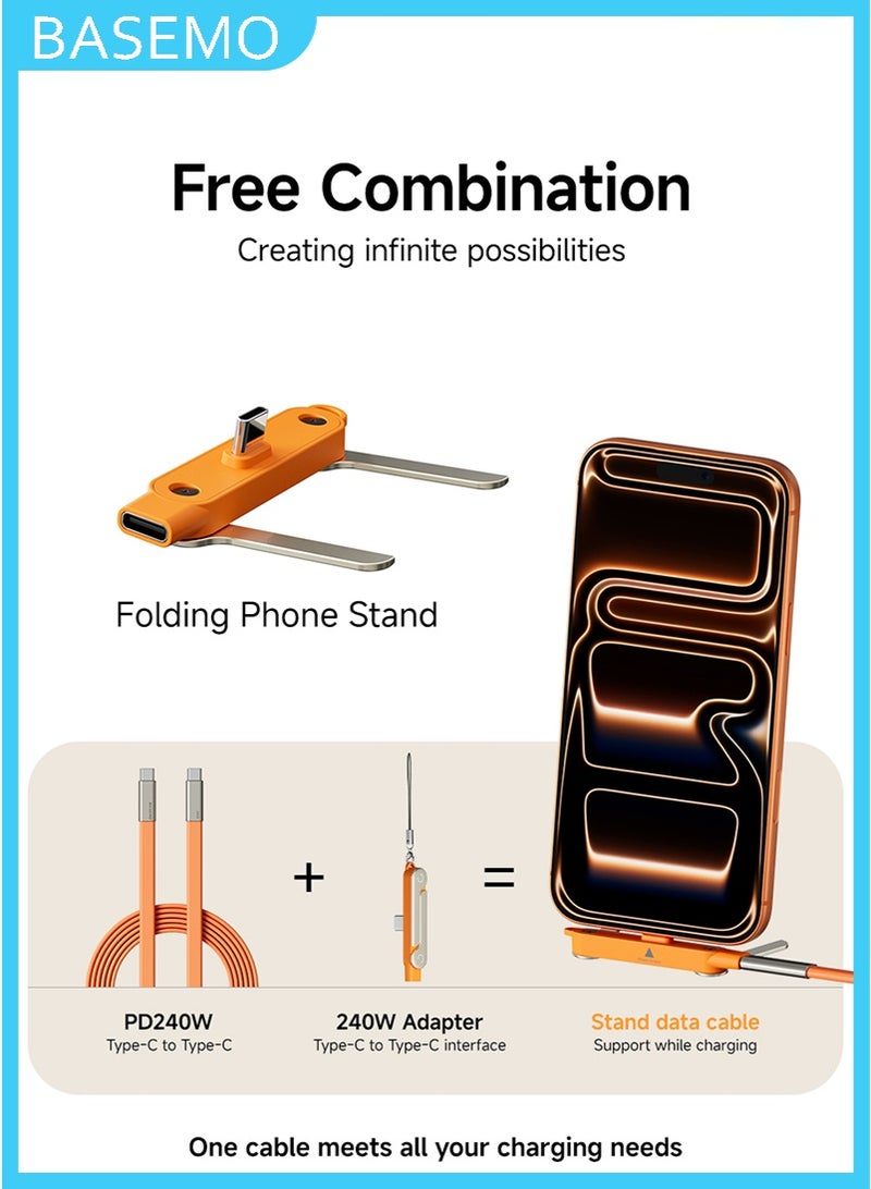 BASEMO 2-in-1 Folding Phone Stand with Type-C to Type-C 240W Fast Charging Cable. Multi-angle adjustable phone stand compatible with iPhone 15/16/17 series, Samsung S24/S23, Google Pixel 8/7, iPad Pro, and other USB-C devices (Orange). - Image 3