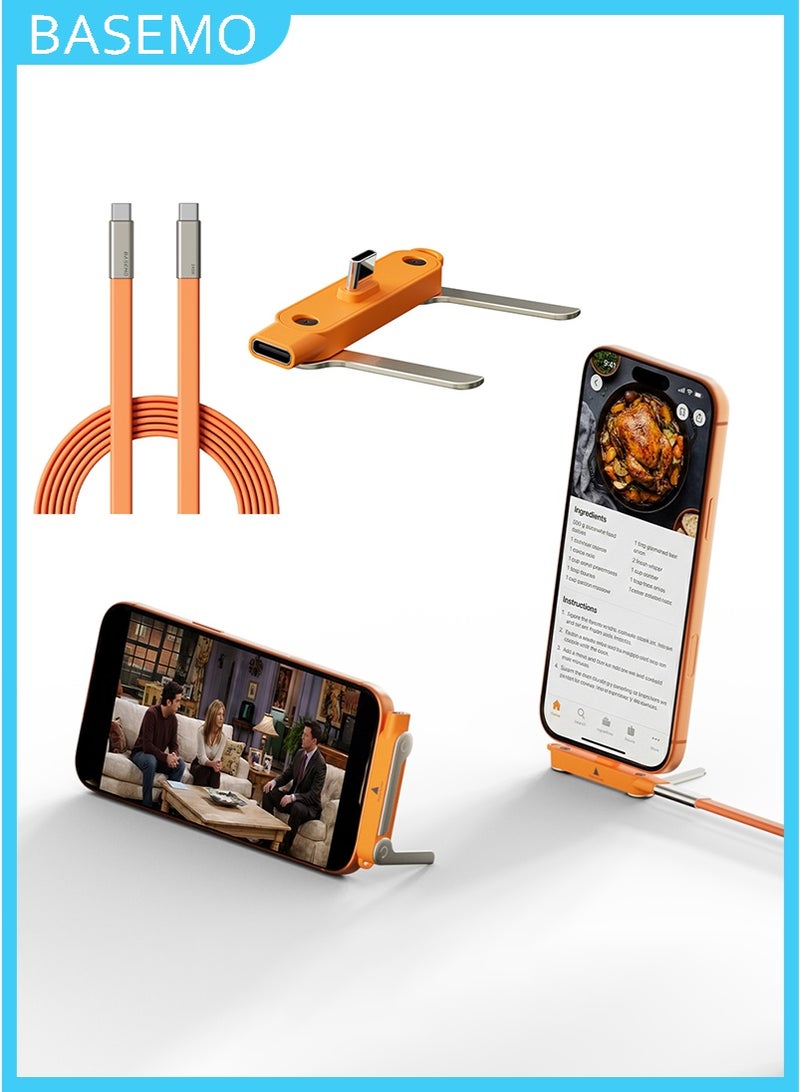 BASEMO 2-in-1 Folding Phone Stand with Type-C to Type-C 240W Fast Charging Cable. Multi-angle adjustable phone stand compatible with iPhone 15/16/17 series, Samsung S24/S23, Google Pixel 8/7, iPad Pro, and other USB-C devices (Orange). - Image 1