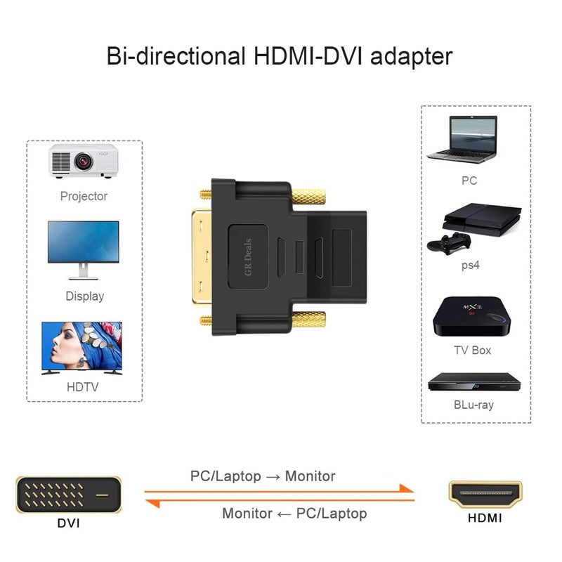 GR Deals DVI to HDMI Adapter, DVI-D 24+5 Male to HDMI Female High Speed Adapter Converter Gold Plated Support 1080P for HDTV, Plasma, DVD, Projector, Computer - Black - Image 4