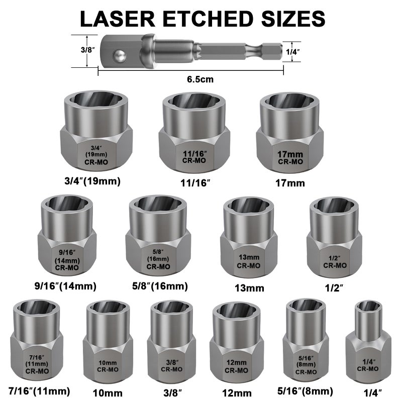 Topec 13+1 Piece Impact Bolt & Nut Remover Set, 3/8" Drive Bolt Extractor Socket Set, 8mm-19mm Stripped Lug Nut Remover, Twist Socket for Damaged, Rusted, Rounded Fasteners - Image 2