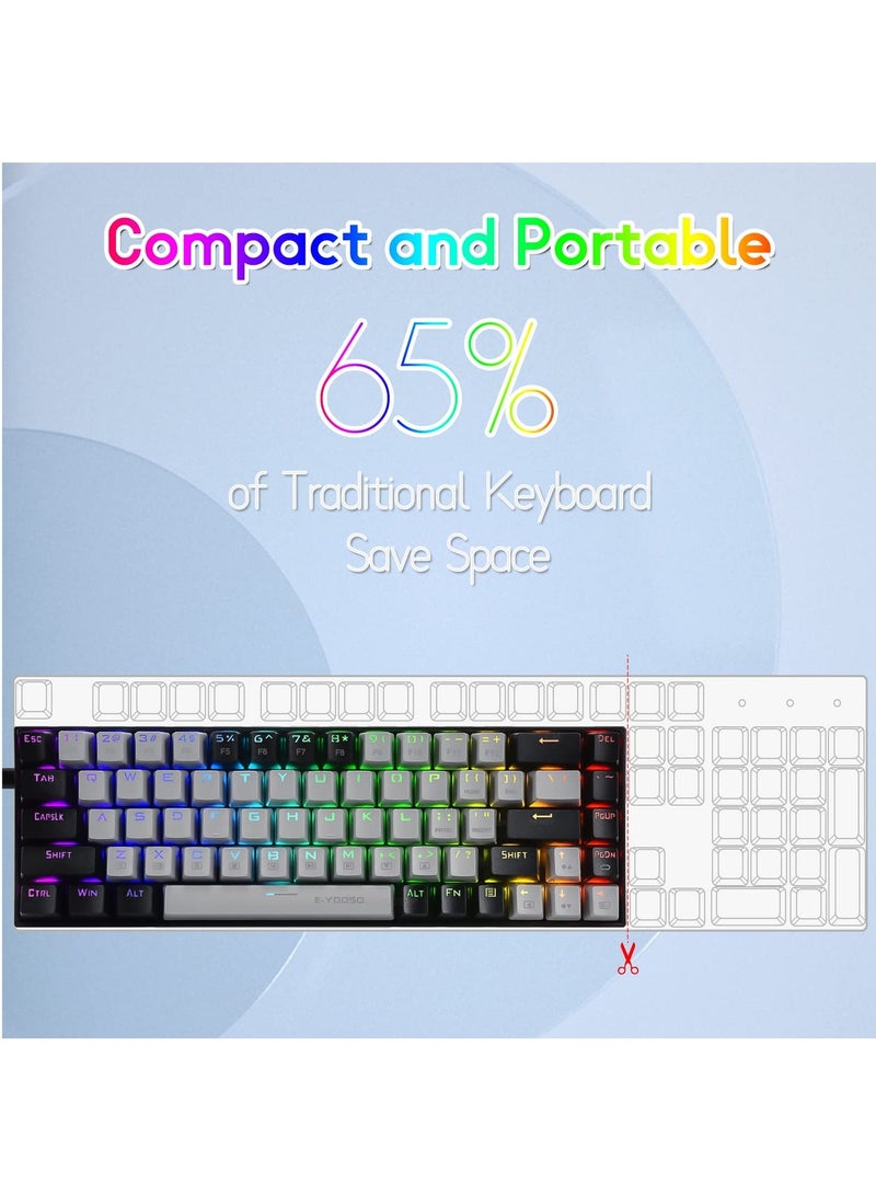 إي-يوسو لوحة مفاتيح ألعاب RGB بنسبة 65%، لوحة مفاتيح ميكانيكية سلكية مكونة من 68 مفتاحًا باللون الأحمر، وكابل USB-C قابل للفصل، ومفاتيح أسهم منفصلة لألعاب المكتب - رمادي أسود - Image 3