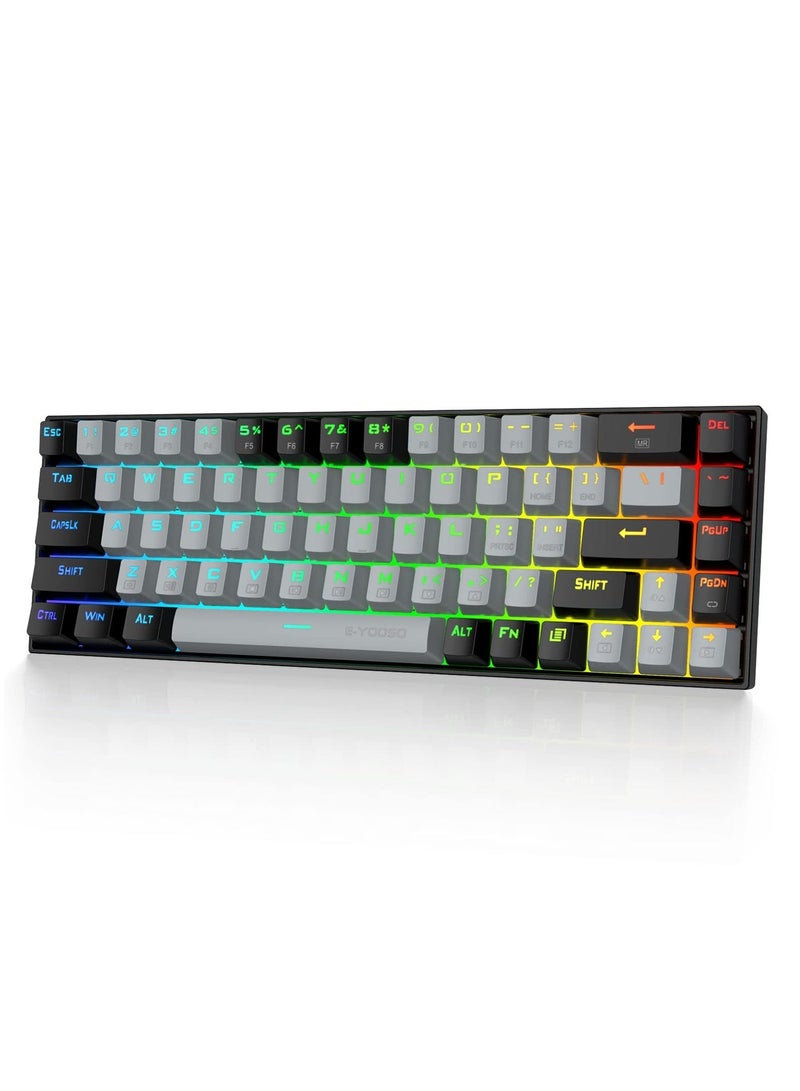إي-يوسو لوحة مفاتيح ألعاب RGB بنسبة 65%، لوحة مفاتيح ميكانيكية سلكية مكونة من 68 مفتاحًا باللون الأحمر، وكابل USB-C قابل للفصل، ومفاتيح أسهم منفصلة لألعاب المكتب - رمادي أسود - Image 1