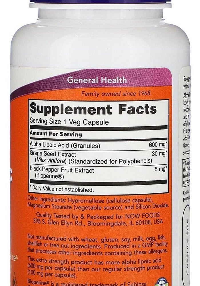 NOW Foods Alpha Lipoic Acid 600 mg with Grape Seed Extract - Image 2