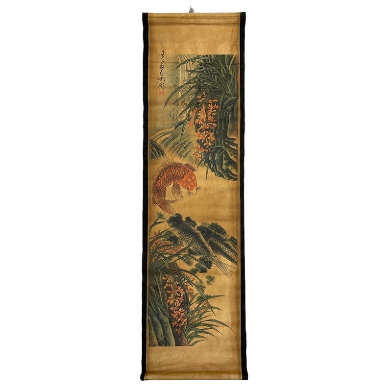 CIFIBIFUN Wall Art Poster Prints Paintings, Hanging Paper Scroll Decor Asia Vintage Aesthetic,for Office Restaurant Orchid Spring Koi Fish(D) - Image 1