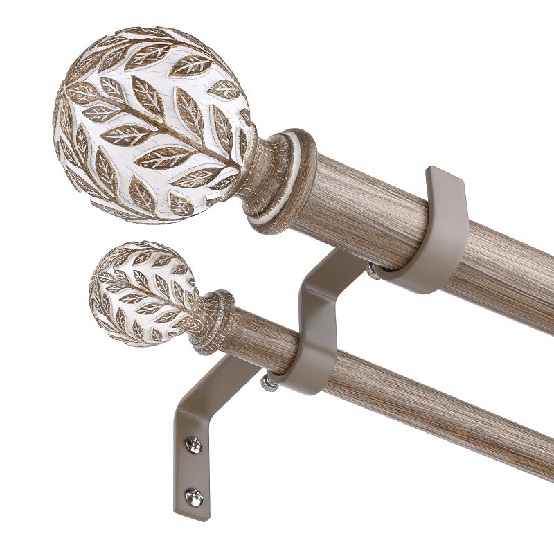 Wolistsa Double Curtain Rod, Boho Wood Decorative Long Dual Curtain Rods for Windows 84 to 120 Inch, 1" Adjustable Heavy Duty Double Rod, Handmade Imitation Weathered Wood Grain Leaf Finial Design - Image 1