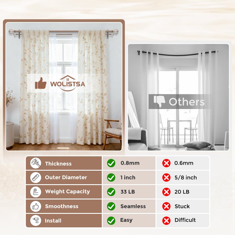 Wolistsa Double Curtain Rod, Boho Wood Decorative Long Dual Curtain Rods for Windows 84 to 120 Inch, 1" Adjustable Heavy Duty Double Rod, Handmade Imitation Weathered Wood Grain Leaf Finial Design - Image 4