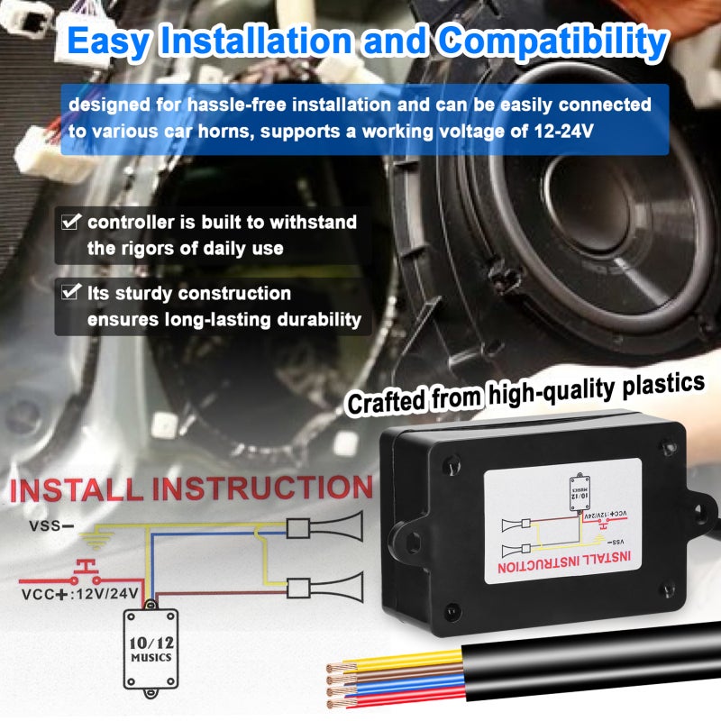 Car Horn: 12 Customizable Sound Effects - Adjustable Volume Remote Control for 12-24V Vehicles, Easy Installation, High Durability - Image 3