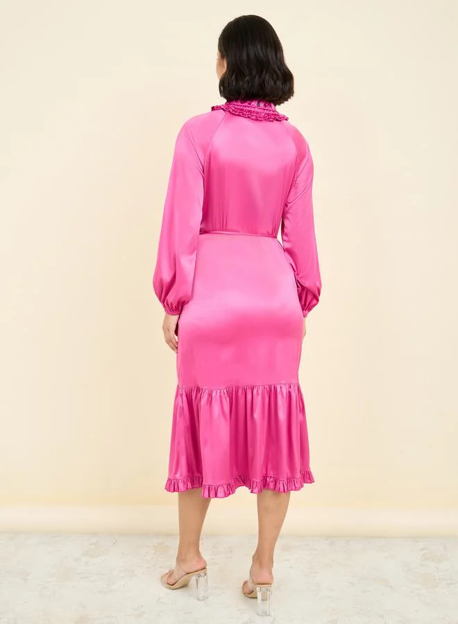 Styli Satin Ruffle Midi Dress
