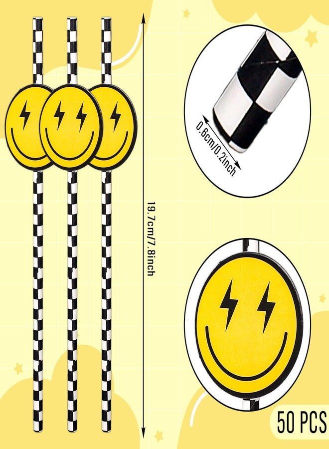 JarThenaAMCS 50Pcs One Happy Dude Paper Straws Black and White Checkered Smile Face Disposable Drinking Straws for First Birthday Party Baby Shower - Image 2