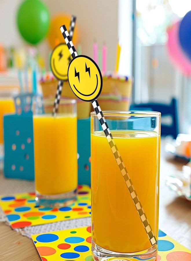 JarThenaAMCS 50Pcs One Happy Dude Paper Straws Black and White Checkered Smile Face Disposable Drinking Straws for First Birthday Party Baby Shower - Image 4