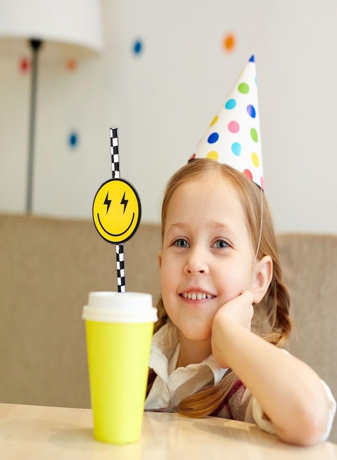 JarThenaAMCS 50Pcs One Happy Dude Paper Straws Black and White Checkered Smile Face Disposable Drinking Straws for First Birthday Party Baby Shower - Image 5