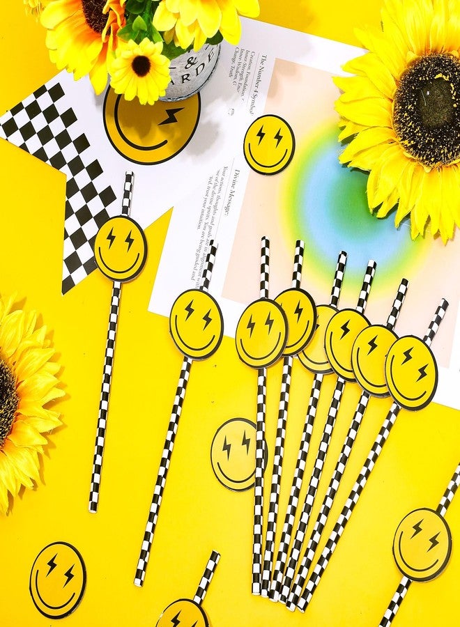 JarThenaAMCS 50Pcs One Happy Dude Paper Straws Black and White Checkered Smile Face Disposable Drinking Straws for First Birthday Party Baby Shower - Image 3