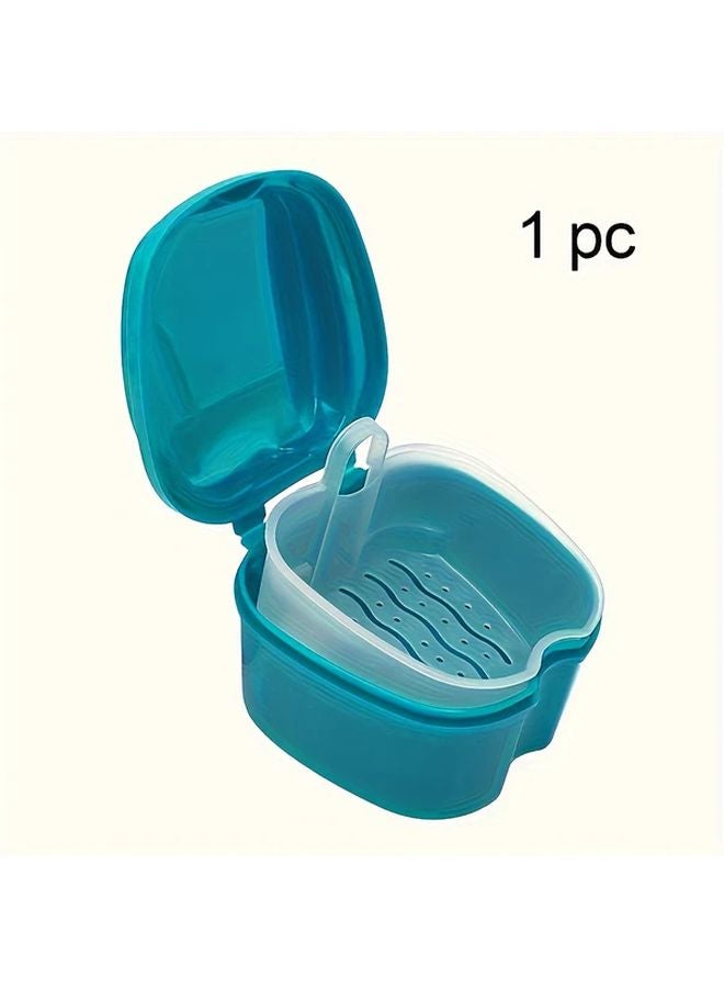 Light Blue Portable Durable Complete Denture Care Kit With Built In Brush Filter Easy Clean Plastic Case - Image 1