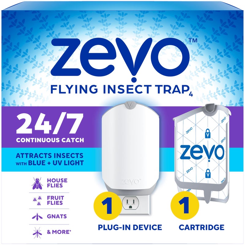 Zevo Flying Insect Trap for Indoors: Light Trap Captures Fruit Flies, Gnats and Houseflies, Starter Kit (1 Plug-in Base + 1 Cartridge) - Image 1