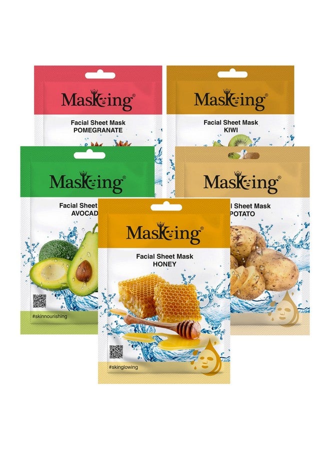 MasKing Beauty Facial Sheet Mask Pomegranate, Kiwi, Avocado, Potato & Honey for Skin Regeneration & Glowing for Women & Men, 100ml (Combo Of 5) - Image 1