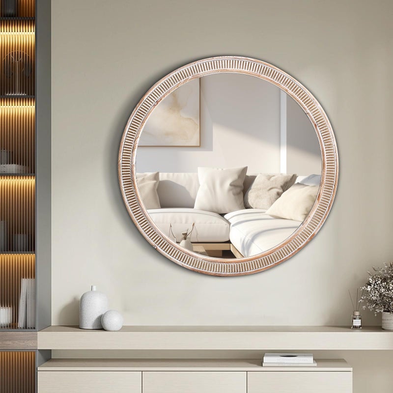 HOITUZYUS HOITUZYUS 30 Inch Round Wood Mirrors for Wall Decor Rustic Farmhouse Circle Decorative Mirror for Bathroom Living Room Foyer Entryway Bedroom 