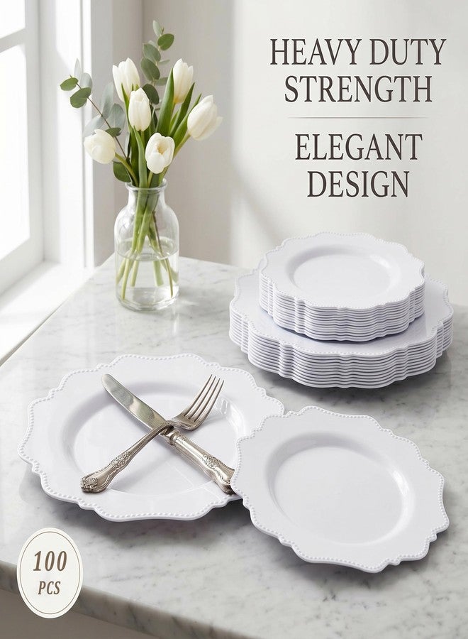 COLOSUS 100 pcs White Plastic Plates Set,Fancy Beaded Plates-European Retro plates include 50 dinner plates and 50 dessert plates,Plastic Disposable plates for BBQ and Party - Image 3