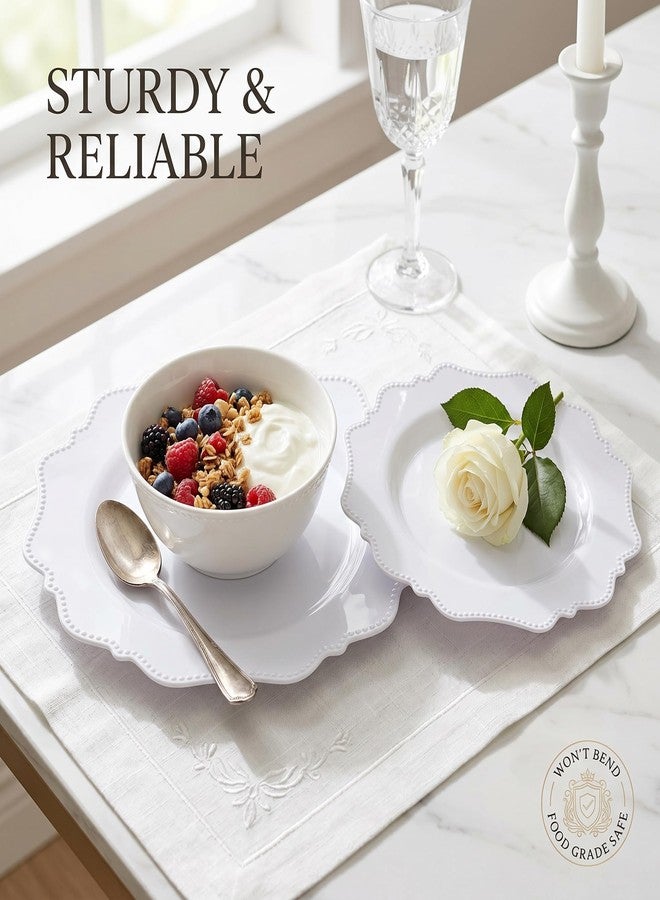 COLOSUS 100 pcs White Plastic Plates Set,Fancy Beaded Plates-European Retro plates include 50 dinner plates and 50 dessert plates,Plastic Disposable plates for BBQ and Party - Image 2