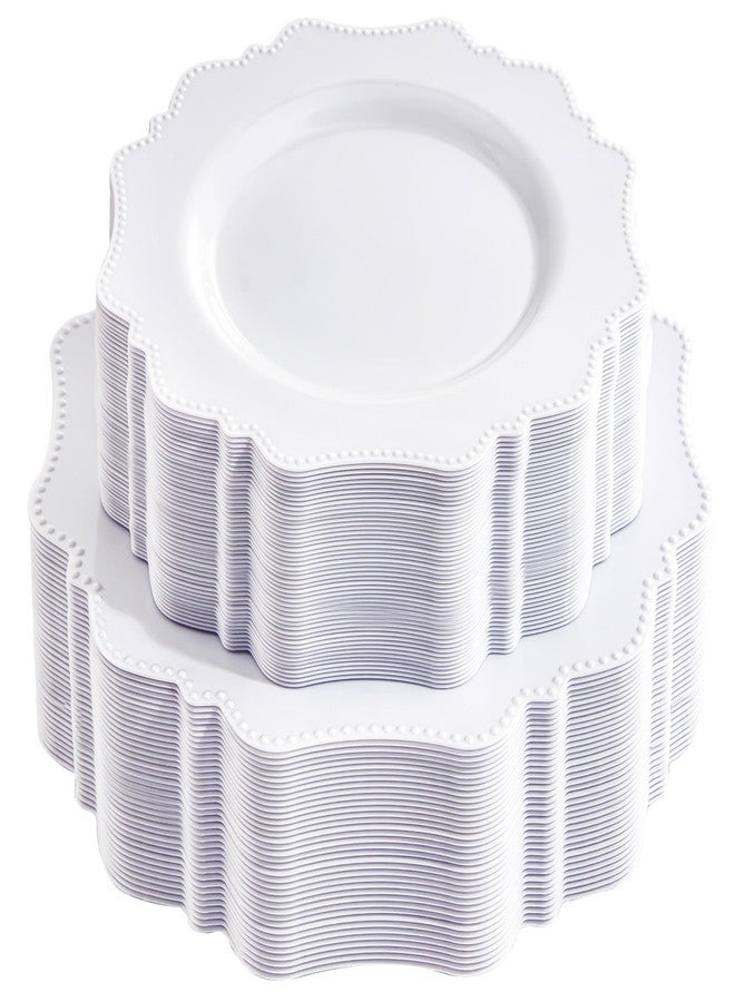 COLOSUS 100 pcs White Plastic Plates Set,Fancy Beaded Plates-European Retro plates include 50 dinner plates and 50 dessert plates,Plastic Disposable plates for BBQ and Party - Image 1