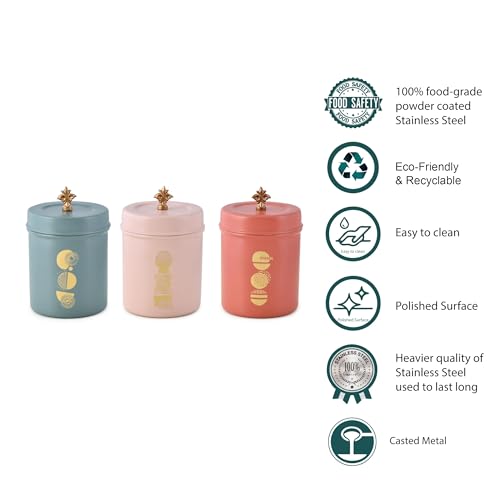 Elan Stainless Steel Food Storage Jars, Canisters for Kitchen, Multipurpose Containers (Set of 3, Multicolor) (Boho) - Image 5