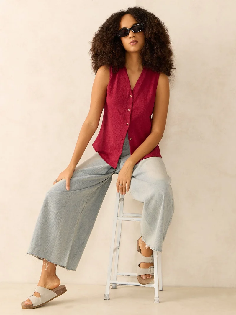 Outzidr Wine Wine Textured Cropped Shirt for Women | Best Price UAE